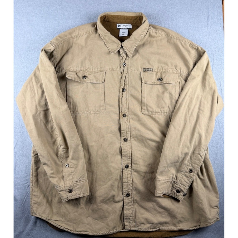 Columbia Mens XXL Tan Khaki Fleece Lined Cotton Canvas Shirt Jacket Shacket